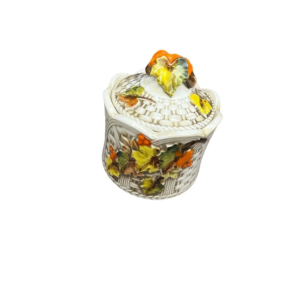 Vintage Ardco Japan Ceramic Pumpkin Lidded Jar Basket Weave Fall Canister